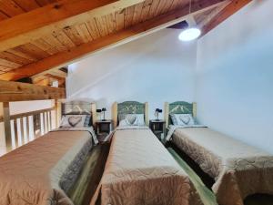 two beds in a room with wooden ceilings at Appartamento Adamello 7 in Pinzolo