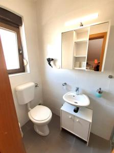 a bathroom with a toilet and a sink and a mirror at Pension Alba in Podstrana +156 photos