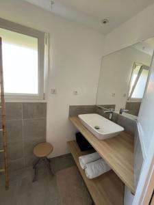 a bathroom with a sink and a mirror at La Villa Rapha'elle in Saint-Raphaël