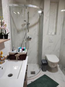 een badkamer met een douche, een toilet en een wastafel bij Grand View Apartment in Skopje