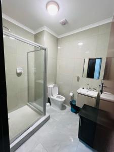 uma casa de banho com um chuveiro, um WC e um lavatório. em Maun Nest Hotel em Maun