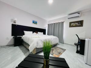 1 dormitorio con 1 cama grande y 1 mesa en Maun Nest Hotel en Maun