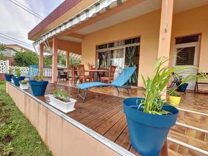 une terrasse couverte avec des chaises bleues et des plantes en pot. dans l'établissement Villa Les 12 Zicaques, à Saint-Joseph