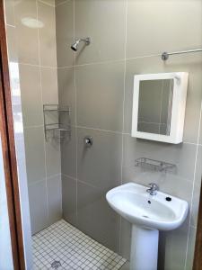 uma casa de banho com um lavatório e um chuveiro com um espelho. em Uitenhage Apartment - 4 Graaff-Reinet Rd em Uitenhage