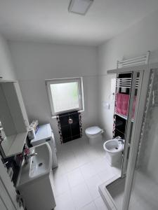 a bathroom with a sink and a toilet and a window at Nesta Apartament in Fălticeni