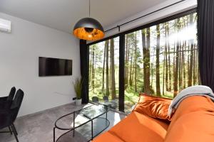 a living room with an orange couch and a large window at Premium Forest Bungalow with Ofuro Tub in Luokesos Sen