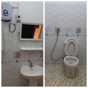 - deux photos d'une salle de bains avec toilettes et lavabo dans l'établissement Sipanya Guesthouse, à Muang Phônsavan