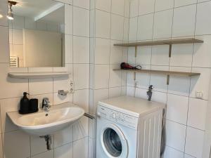 un bagno con lavatrice e lavandino di homy Bludenz Alpine Panorama a Bludenz