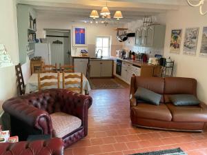 Édon的住宿－Les Petits Vingnes，一间带两张真皮沙发的客厅和一间厨房