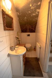 ein Bad mit einem Waschbecken und einem WC in der Unterkunft Dom nad jeziorem w Borzechowie in Borzechowo