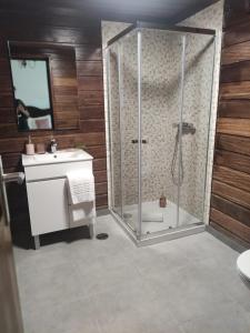 y baño con ducha y lavamanos. en Boutique Inn & Restaurant - Casa dos Suécos en Figueira da Foz