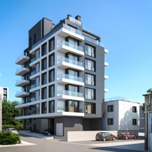 an architectural rendering of a building with cars parked in front at Електра Апарт Бургас Electra Apart Burgas Elektra Bourgas in Burgas