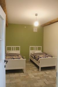 2 łóżka w pokoju z zielonymi ścianami w obiekcie Gîte - La Couderquié w mieście Lautrec