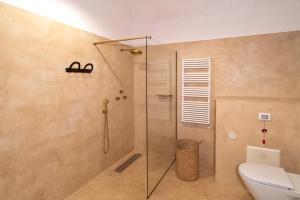 uma casa de banho com uma cabina de duche em vidro e um WC. em Masseria Soluco em Monopoli