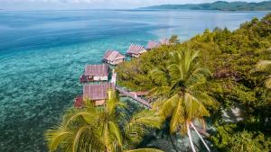 eine Luftansicht eines Resorts an der Küste des Ozeans in der Unterkunft Methos Homestay - Raja Ampat in Yennanas Besir