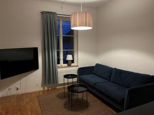 Österport - Visby Lägenhetshotell في فيسبي: غرفة معيشة مع أريكة زرقاء وتلفزيون
