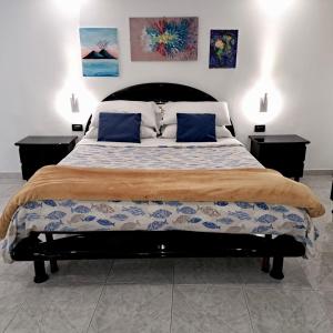 una camera da letto con un grande letto con cuscini blu di Centro storico S Chiara House a Napoli
