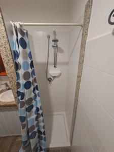 een badkamer met een douchegordijn en een wastafel bij La Casetta Dei Volontari in Pitigliano