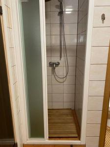 W łazience z przeszklonymi drzwiami znajduje się prysznic. w obiekcie Small Red-Brick House w Kownie