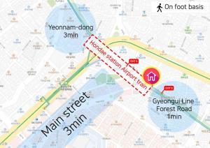 a map of the road with the speed limit at Near Hongik University Station Suite Room in Seoul