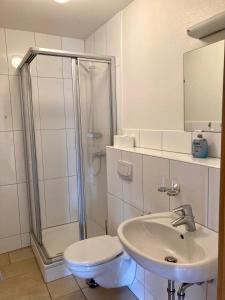 ein Bad mit einer Dusche, einem Waschbecken und einem WC in der Unterkunft Haus Wilhelmi Wilhelmi Whg 4 in Wangerooge