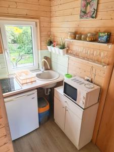 una pequeña cocina con fregadero y microondas en Ramybės kampelis, en Šventoji