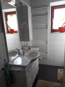 un baño con lavabo y espejo en Timmerloher Weg, Ferienwohnung, en Schneverdingen