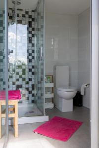 a bathroom with a toilet and a glass shower at The Pool House in Longos
