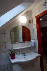 W łazience znajduje się biała umywalka i lustro. w obiekcie Luca Apartman w mieście Ostrzyhom