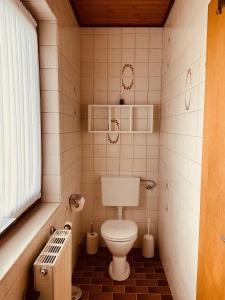 ein kleines Bad mit einem WC und einem Fenster in der Unterkunft Appartements D'Angelo in Bodensdorf
