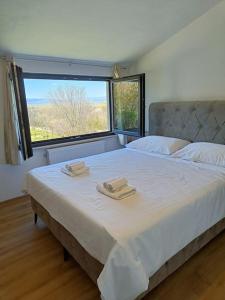 a bedroom with a large bed with two towels on it at House in Istria in Plomin