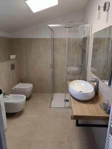 een badkamer met een douche, een wastafel en een toilet bij House in Istria in Plomin