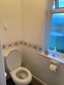 a bathroom with a toilet and a window at Spacious Luxurious Serviced Accommodation 3 in Warmsworth