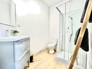 a bathroom with a glass shower and a toilet at Le Descartes, à 50m de la gare Fibre/TV connecté in Poitiers