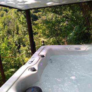 a bath tub with trees in the background at 'Morris' the shepherd's hut with woodland hot tub in Carmarthen