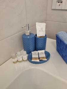 un bancone del bagno con due contenitori blu e un lavandino di B&B DIANA a Pordenone