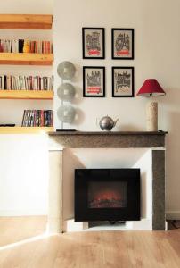 a living room with a fireplace with a fire place at Bel appartement au coeur de la cité médiévale in Sommières