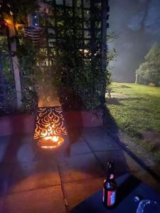 uma garrafa de cerveja sentada num passeio ao lado de uma árvore em 'Morris' the shepherd's hut with woodland hot tub em Carmarthen