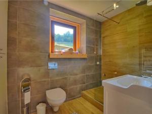 baño con aseo y lavabo y ventana en Miodowa Chata en Brenna