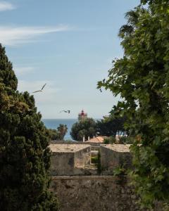 twee meeuwen die over een gebouw vliegen met een vuurtoren bij Artsy Cascais in Cascais