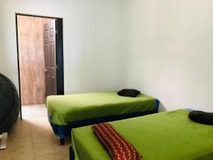 a room with two beds with green sheets and a door at Casa la Noria in Parras de la Fuente
