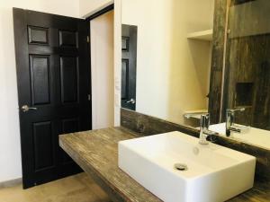 a bathroom with a white sink and a mirror at Casa la Noria in Parras de la Fuente