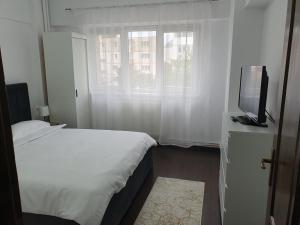 a bedroom with a bed and a tv and a window at Apartament SAGA in Suceava