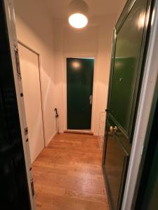 korytarz z zielonymi drzwiami i drewnianą podłogą w obiekcie 3 Suites appartement w Paryżu