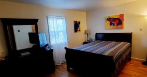 a bedroom with a bed and a television and a window at Bear Bluff- pet friendly home on the river! in Goods Mill +10 photos