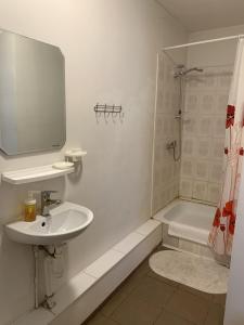 a white bathroom with a sink and a shower at Sala Apartments in Rīga