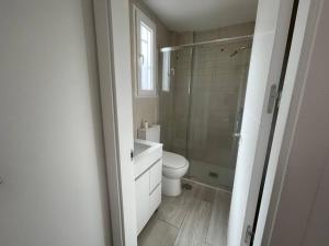 uma casa de banho com um WC e uma cabina de duche em vidro. em Central studio with parking space-AFRIC em Madrid