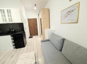 a living room with a couch and a kitchen at White Studio in Wieliczka