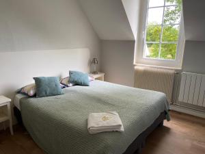 a bedroom with a bed with blue pillows and a window at Chambres d'Hôtes Ferme de Kereven in Clohars-Fouesnant