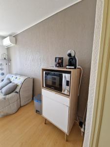 a living room with a couch and a tv on a cabinet at Studio cabine Canet Plage Parking in Canet-en-Roussillon